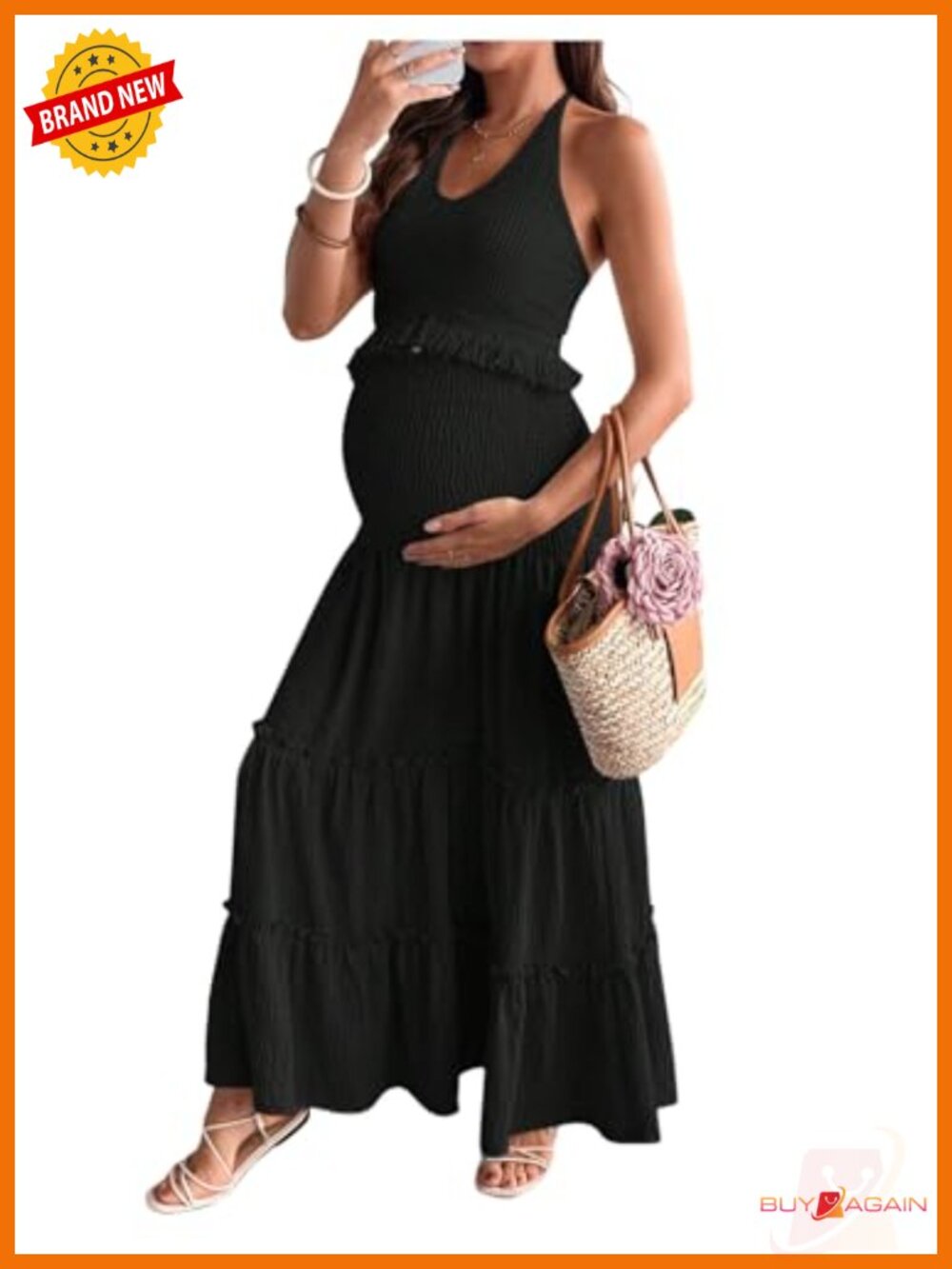 Maternity 2 Piece Outfits Crochet Fringe Halter Crop Top and Smocked Tiered